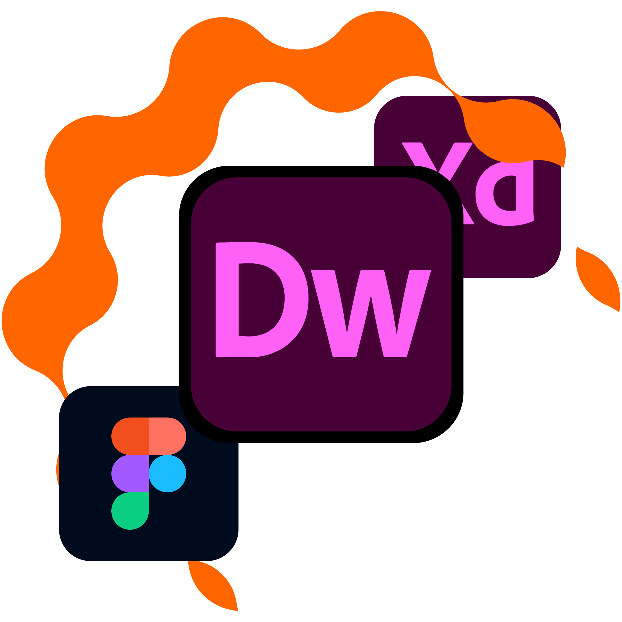 Logos of Adobe applications Dreamweaver, Figma, and Adobe X.D.